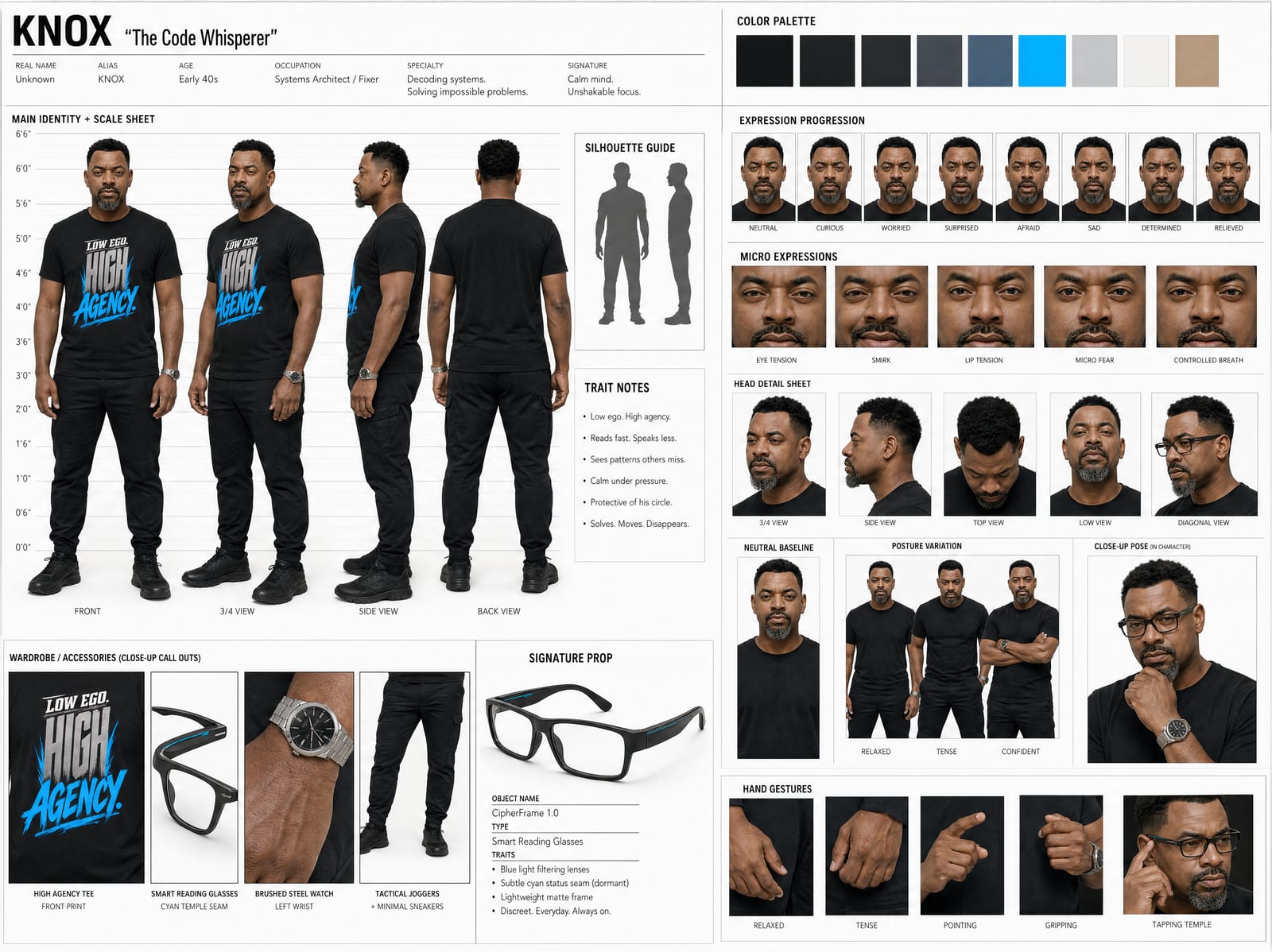 THE CODE WHISPERER — tech-casual + helmet sheets — reference frame