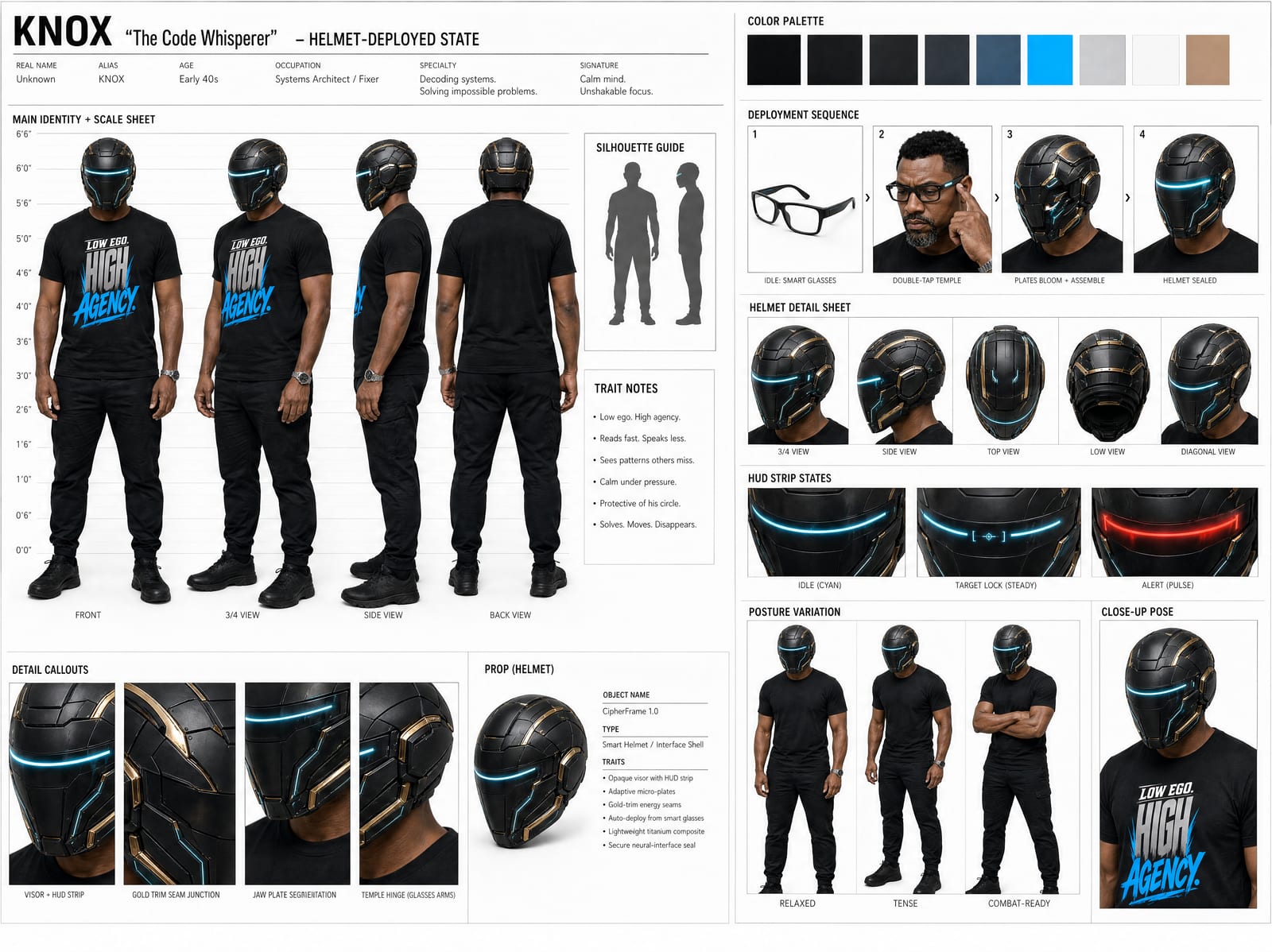 THE CODE WHISPERER — tech-casual + helmet sheets — reference frame