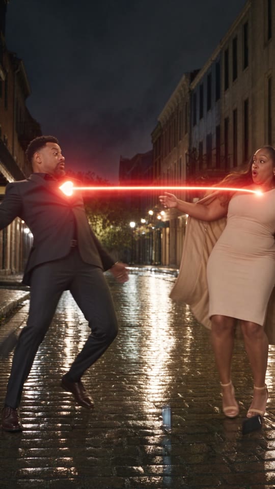 Result — the couple yanked off balance by the glowing heart link on the wet street, phones dropping