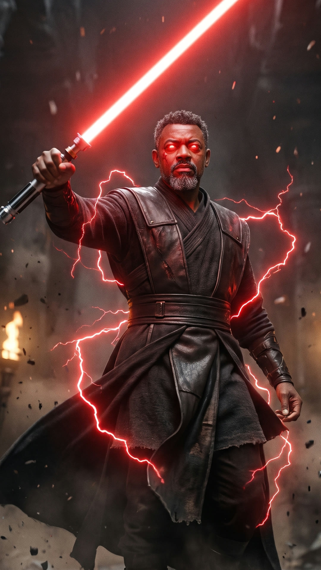 End keyframe — the levitating dark warlord, face lit, red eyes, red blade raised