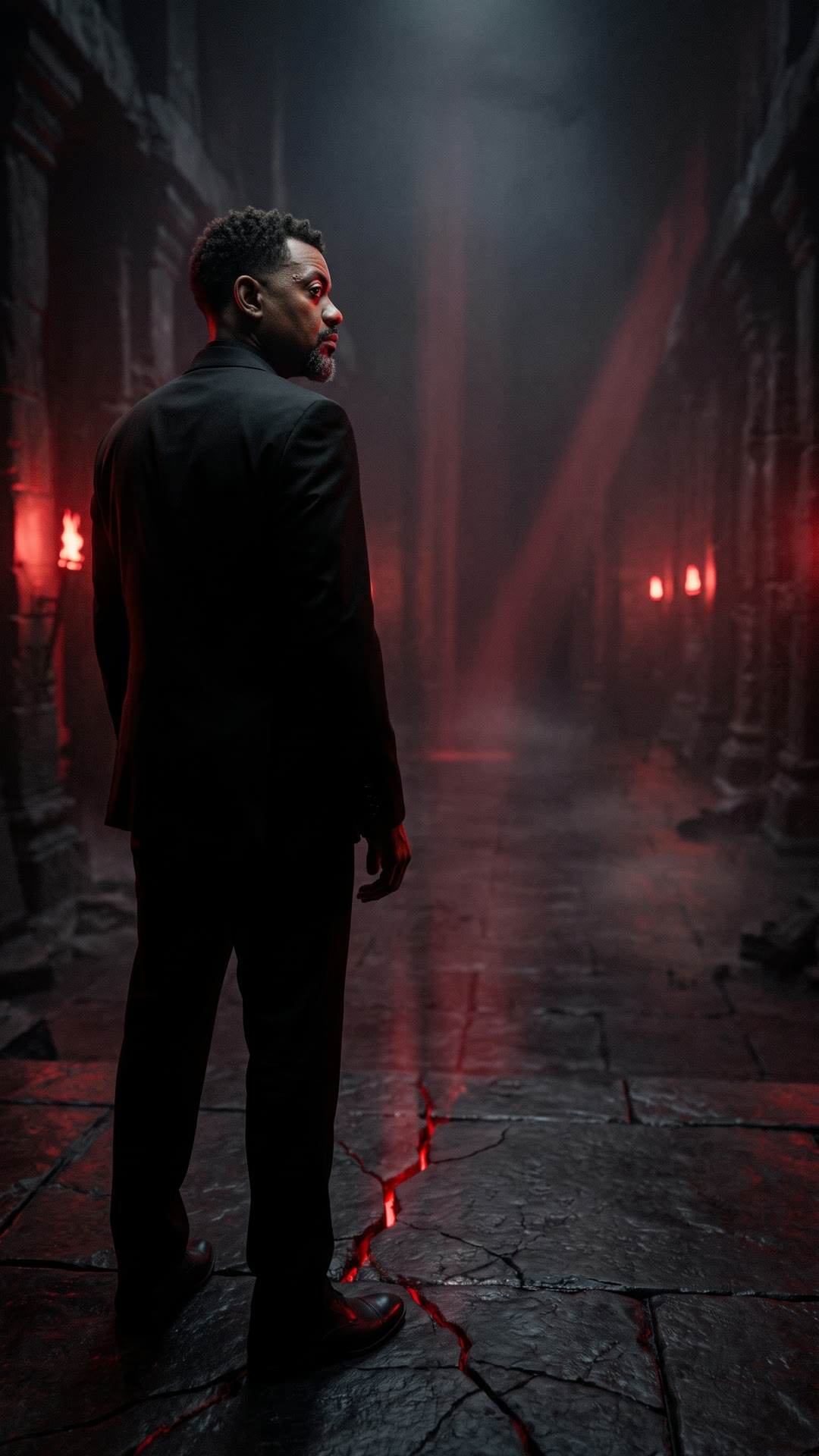 Start keyframe — the subject in a suit, three-quarter rear, in a dark temple
