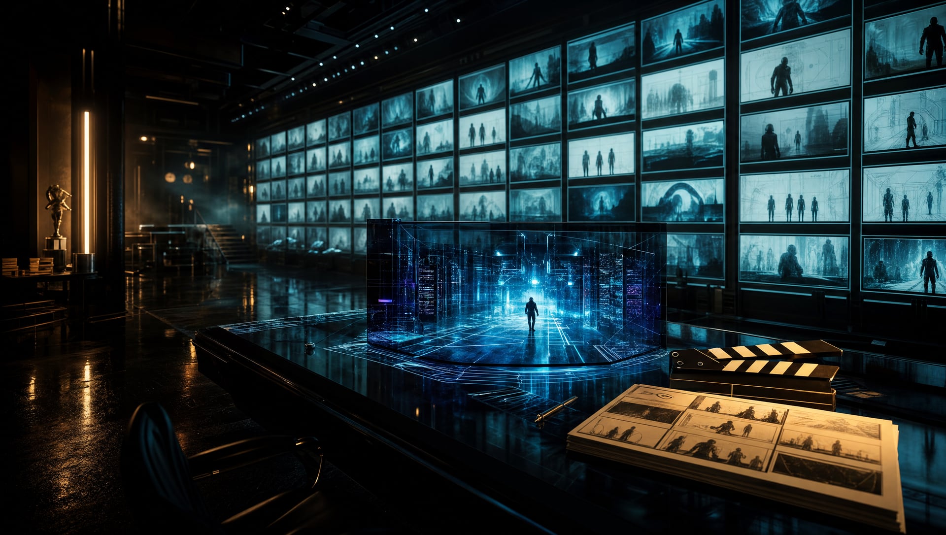 A film-production archive: a wall of backlit storyboard lightboxes behind a director's table projecting a holographic set with a lone walking figure