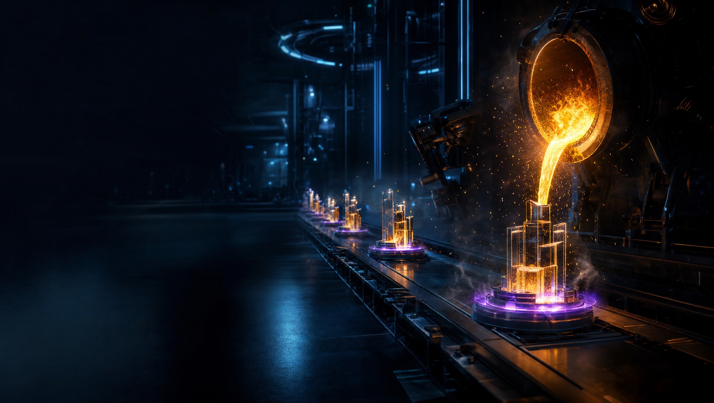 An idea foundry pouring molten gold light into glass molds shaped like miniature company structures