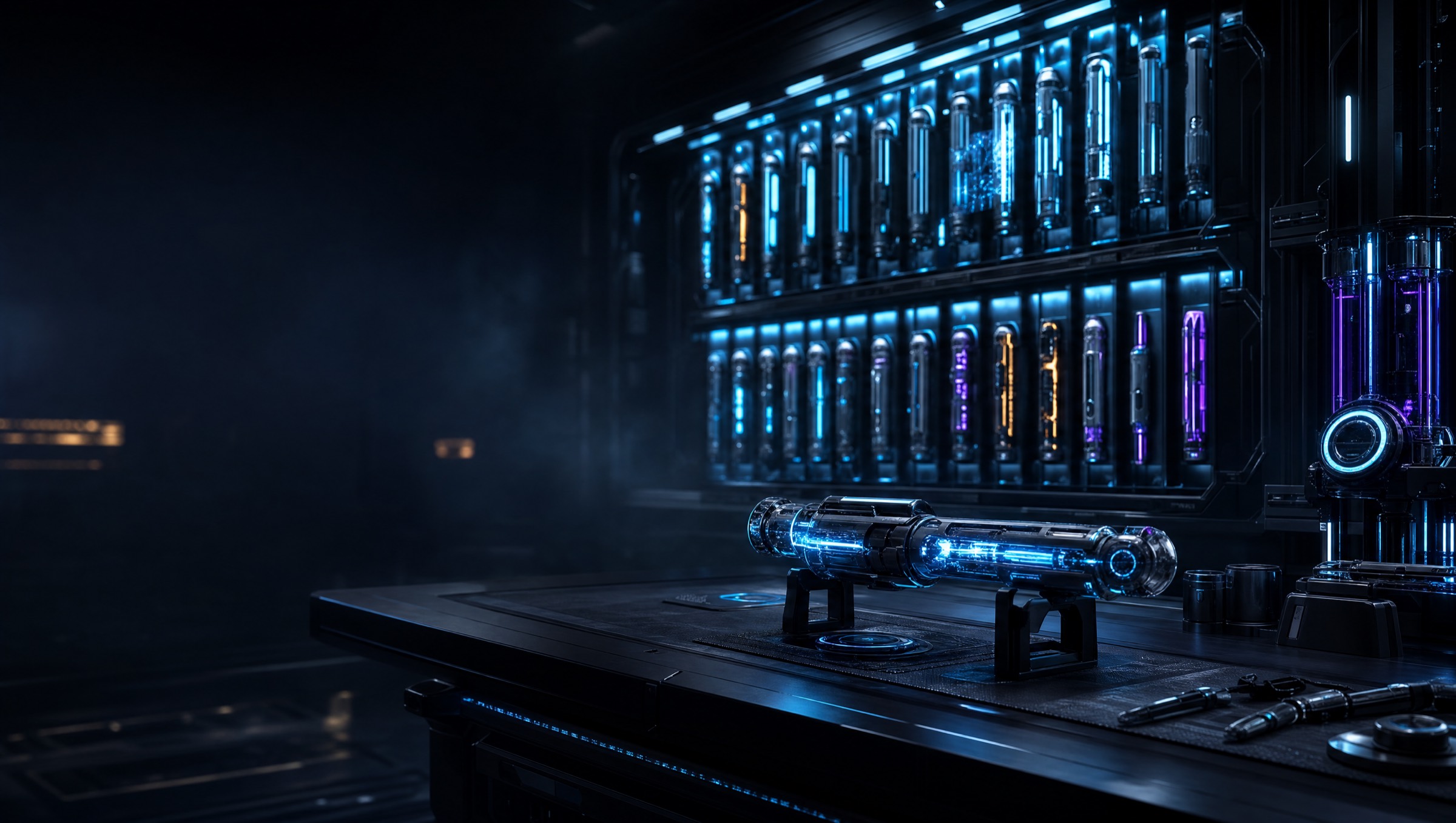 A precision tool armory with backlit racks of glowing instrument modules, one on the workbench mid-calibration