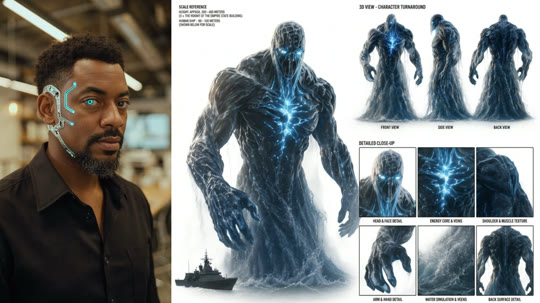 Two reference inputs — a face photo and a sea-monster design sheet