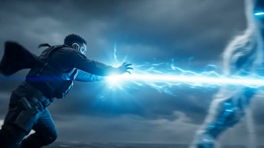 Result — the hero firing an energy beam into the water colossus's glowing core