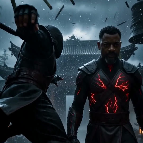 Result — the crimson-eyed shinobi at the full-front hero finish, same face