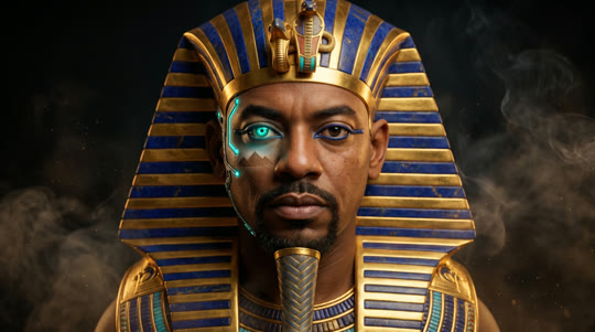 Result — the subject's real face as a golden cyber-pharaoh